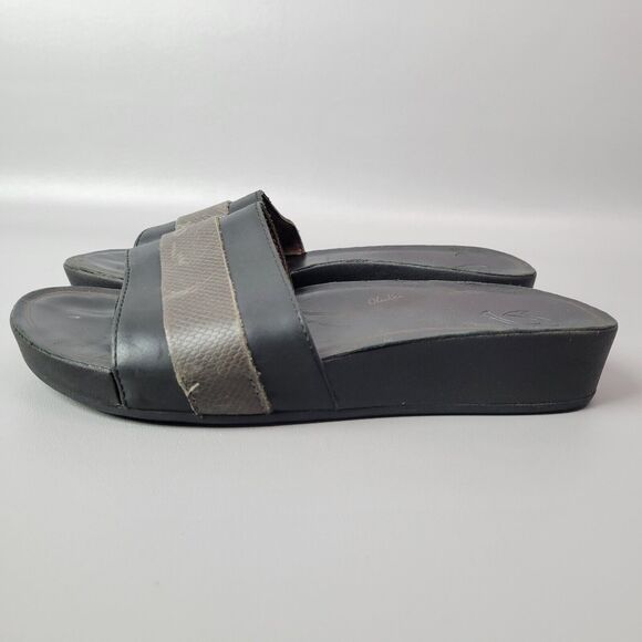 Olukai Womens Ola Huna Slide Wedge Sandal Black Leather Casual Toe Loop Size 8 - Picture 3 of 10